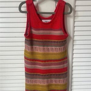 Zara Red and Yellow Striped Crochet Knotted Tank Dress